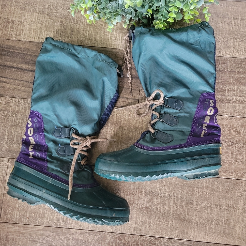 Vintage 90s Sorel Freestyle Tall Duck Snow Winter Boots Green Purple Womens 6